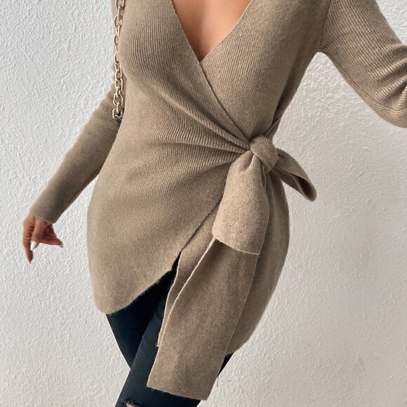 Khaki Casual Preppy Womens Wrap Knot Side Sweater - Picture 5 of 5